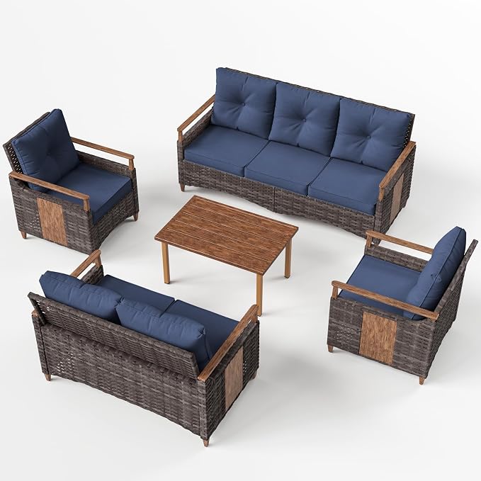 NestNook 5 Pieces Patio Furniture Set, Outdoor Conversation Set with All-Weather Handwoven PE Wicker Sofa, Rattan Chairs and Thick Cushion, Loveseat & Coffee Table for Backyard, Deck & Poolside, Blue