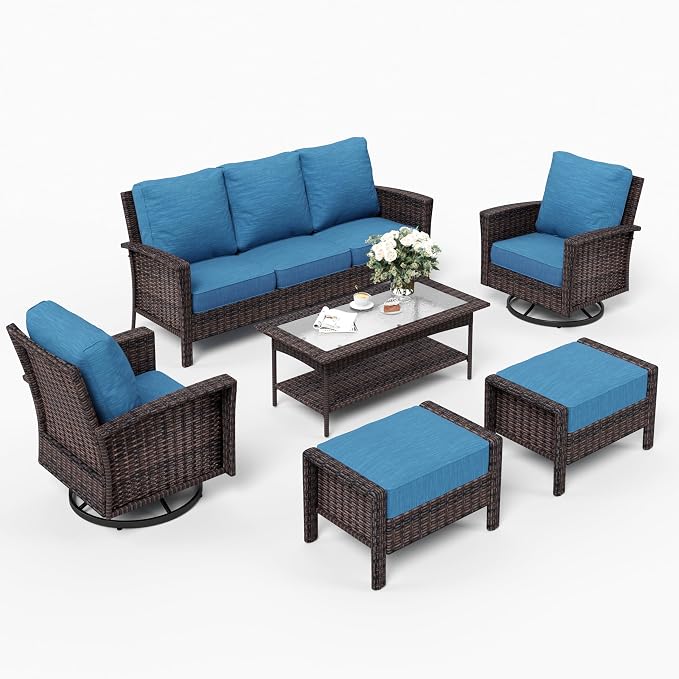 SUNSHINE VALLEY 6 Piece Patio Furniture Set with Swivel Chairs, High Back Wicker Rattan Sofa with Extra Thick Cushion, Coffee Table and Ottoman, Outdoor Conversation Set for Backyard Deck, Blue