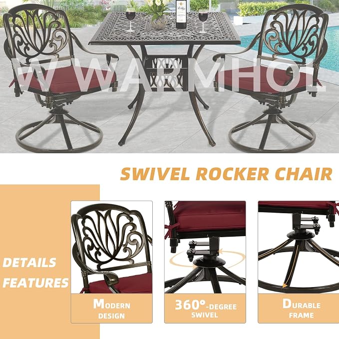 5 Piece Patio Dining Set, Outdoor Table and Chairs Set for 4 Cushioned Swivel Rocking Chairs and 35.4'' Square Table, All-Weather Cast Aluminum Patio Funiture Set, 2.2'' Umbrella Hole, Red