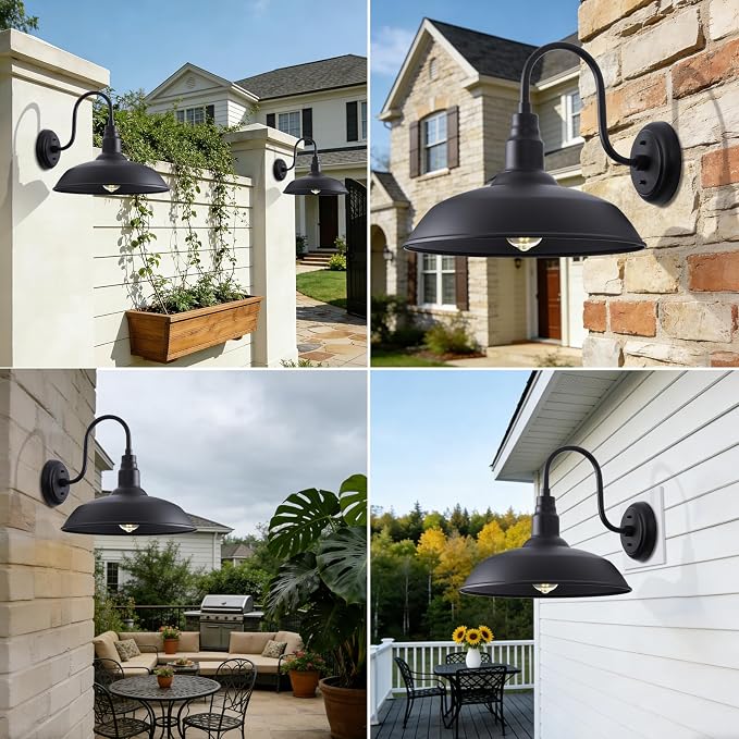16 Inch Gooseneck Light Fixture for Barn Door, 2 Pack Large Barn Lights for Front Porch, Black Outdoor Farmhouse Light with Goose Neck Arm, Exterior Wall Dome Lighting for House Garage