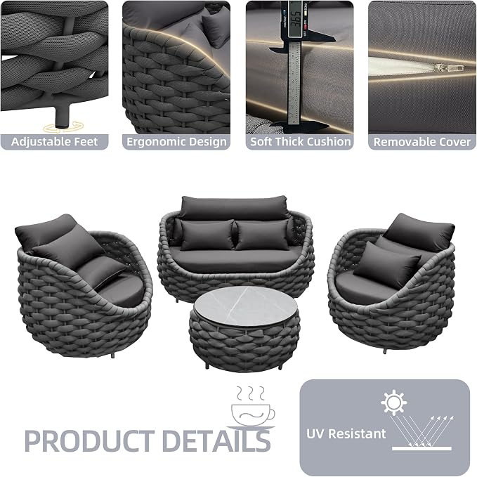 TWT 6-Piece Aluminum Patio Furniture Set, Olefin Rope Modern Outdoor Conversation Set Sectional Sofa with Water Repellent Thick Cushions and Coffee Table for Balcony, Garden, Dark Grey