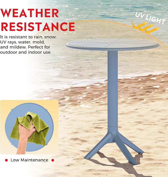 Costaelm Patio Table for 4-Person, Outdoor Patio PP Round Dining Table, All-Weather Bistro Dining Table for Backyard Deck Porch Poolside, French Blue