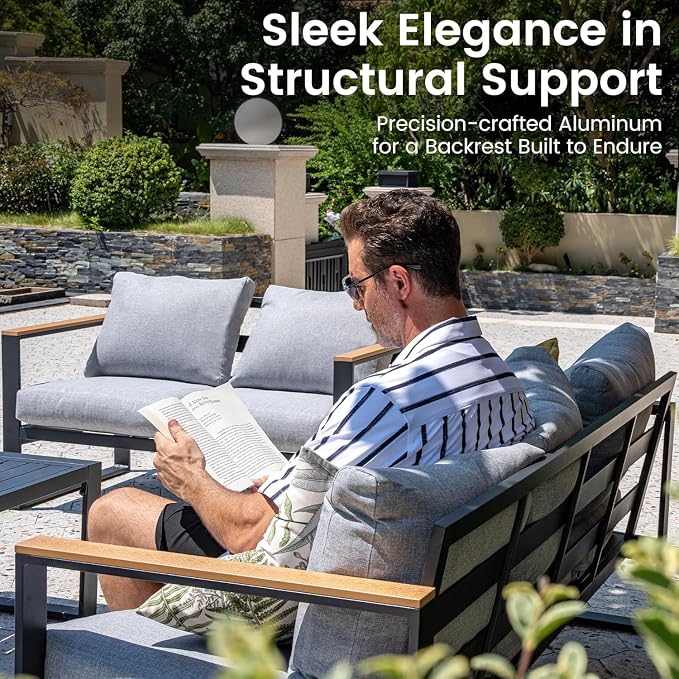 Sundale Outdoor Aluminum Patio Furniture Set, 7 Piece Outdoor Conversation Sets with Coffee Table, Ottoman and Washable Thick Cushions, All Weather Outdoor Sectional Set for Deck, Lawn, Yard (Grey)