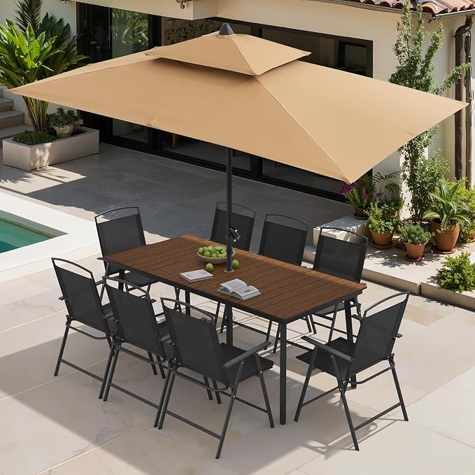 Crestlive Products 9 Piece Patio Dining Set, 70" Walnut Metal Outdoor Table and 8 Folding Chairs, with Umbrella Hole for Porch Poolside Yard Garden, Black