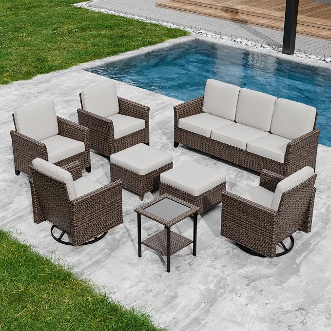 COOS BAY Harbor Retreat 8 Piece Outdoor Furniture Set, Patio Conversation Set with Swivel Rocking Chairs, Patio Chairs, Couch, Side Table and Ottomans, Wicker Furniture, Brown/Beige