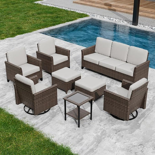 COOS BAY Harbor Retreat 8 Piece Outdoor Furniture Set, Patio Conversation Set with Swivel Rocking Chairs, Patio Chairs, Couch, Side Table and Ottomans, Wicker Furniture, Brown/Beige