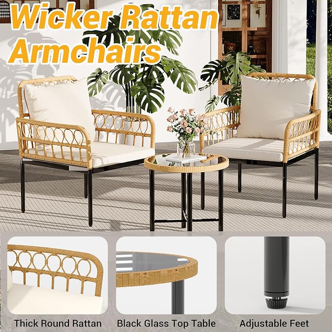 GarveeLife Wicker 3 Pieces Patio Bistro Sets Outdoor Conversation Sets with Glass Top Side Table and 2 Modern Rattan Chairs, Patio Furniture Set for Apartment, Backyard, Porch, Balcony, Lawn (Beige)
