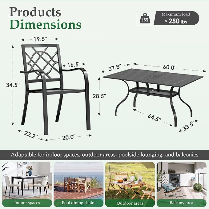 Oakcloud 7-Piece Patio Dining Set, Outdoor Metal Furniture Dining Table Set 6 Stackable Patio Dining Chairs and Rectangle Dining Table with Umbrella Hole, Black