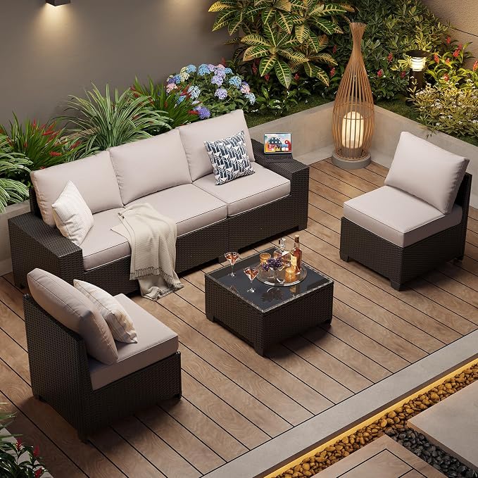 Aoxun Patio Furniture Set, 6 Pcs Outdoor Patio Furniture Sets with 4in Thicken Cushion, Widen Armrests Wicker Outdoor Sectional for Backyard, Grey