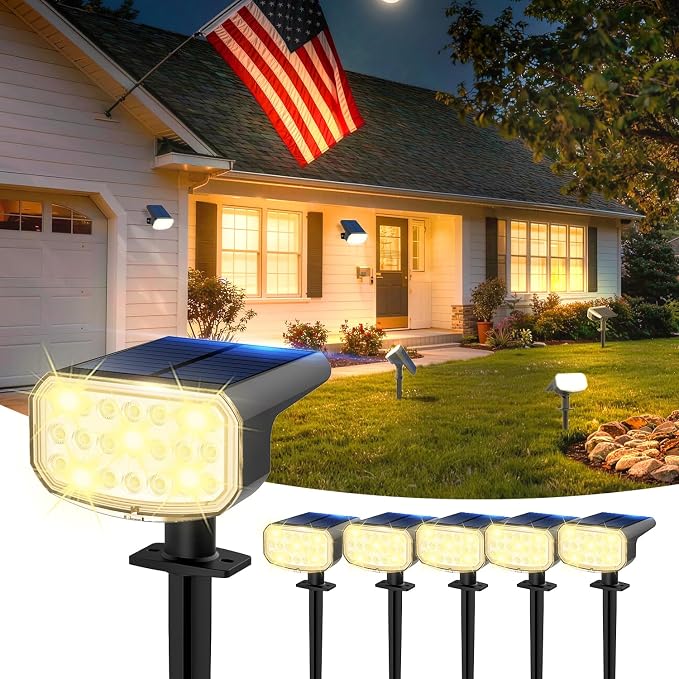 JEJOT Solar Lights Outdoor Waterproof IP65, Super Bright LED with Lens, 3000K 2 Lighting Modes, Solar Powered Yard Garden Solar Spot Lights for Outside Landscape Auto On/Off -6 Pack