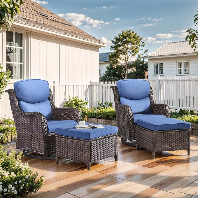 Outdoor Swivel Rocker Patio Chairs with 2 Ottomans - 5" Thick Cushion 4 Piece Furniture Set All Weather Comfortable Wicker Conversation Set for Porch Poolside and Deck - Brown-Blue