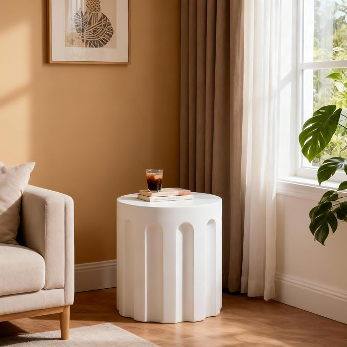 Outdoor Side Table Concrete End Table Faux Stone Side Tables Small Coffee Tables for Indoor Outdoor, Garden Stool Plant Stand for Porch, Backyard Patio, 15.75"*16.25*White Round