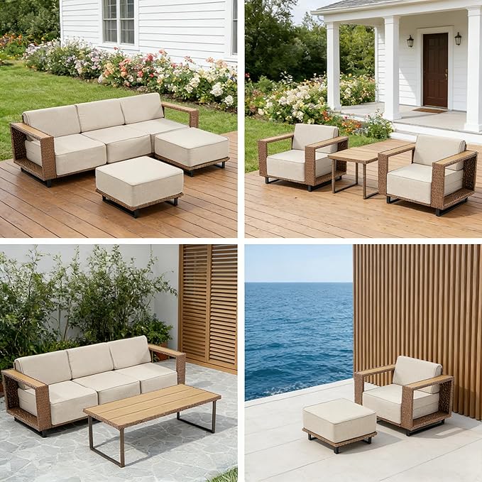 MOCHITO 3 Pieces Outdoor Patio Furniture Sets, All-Weather Sectional Sofa PE Rattan Wicker Conversation Set, Outdoor Patio sectional for Poolside, Porch, Lawn, Garden, Balcony(Beige)