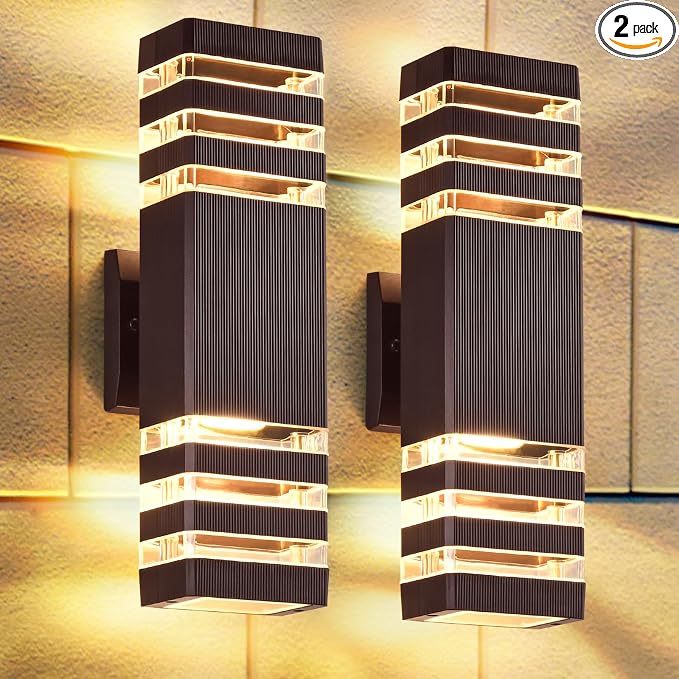 DASTOR Up and Down Outdoor Wall Lights, 3-Layer Brown Modern Outdoor Lights for House, Waterproof Exterior Light Fixture Wall Mount Outdoor Lighting for Porch Garage, 2 Pack