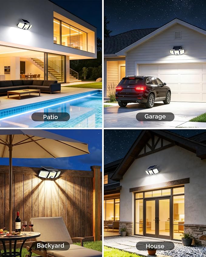 Brightown 3 Pack Solar Flood Outdoor Lights with Motion Sensor 3 Modes | 2500LM 223 LED Solar Outdoor Lights, 3 Head 270° Wide Angle Street Area IP65 Waterproof Security Wall Lights with Remote