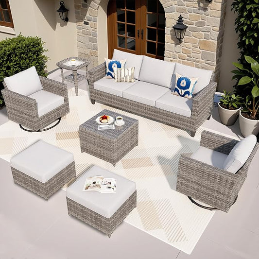 ovios 7 Pieces Patio Furniture Set, Outdoor Wicker Sofa with Rocking Swivel Chairs, Coffee Table, High Back Grey Rattan Conversation Set for Backyard Deck Porch, Grey