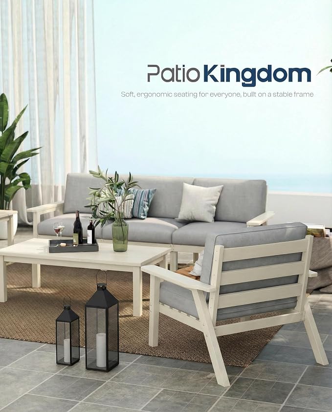 Patio Furniture Set 3 Seats, HDPE Outdoor Sectional with Washable Gray Thick Cushions, Coffee Table & Side Table, Patio Conversation Sets for Lawn, Garden, Porch, Balcony (White Frame)