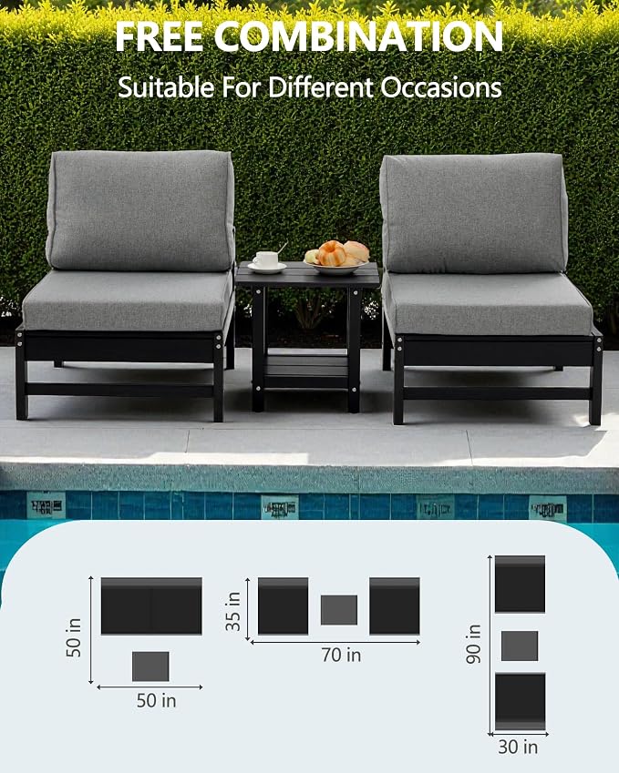 HDPE Outdoor Patio Chair Set with Cushions, 3-Piece Armless Chair Conversation Set with 2 Weatherproof Armless Chairs and Side Table, All-Weather Waterproof Outdoor Seating for Porch, Balcony & Garden