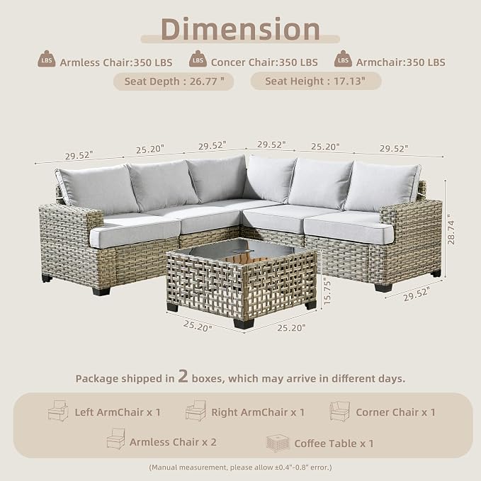 CAODOC Outdoor Sectional Patio Furniture Set,6 Pieces Wicker Conversation Sets L Shaped Couch,Outdoor Sofa Outside Furniture with Solar-Powered Coffee Table(Grey)