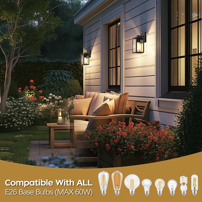 Outdoor Front Porch Light Wall Mount, Exterior lighting fixtures for House | Waterproof, Anti-Rust Metal Frame, Tempered Glass, E26 Base, Easy Install, Wall Sconce for Patio, Garage, Entryway, Doorway
