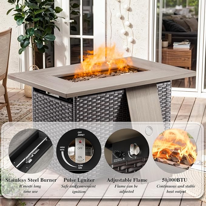 HUMMUH 8 Piece Patio Furniture with Fire Pit,PE Wicker Outdoor Conversation Sets-6-Seater Sofa,Patio Swivel Chairs Outdoor Chairs, Propane Fire Pit,Side Table for Porch,Garden,Backyard(Brown/Blue)