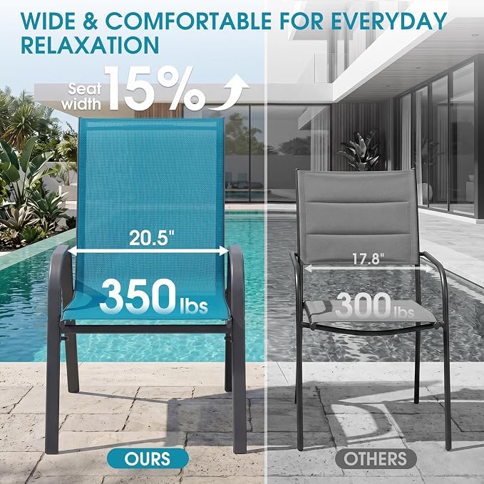 24.4" Wide Outdoor Stackable Chairs Set of 4, Stacking Patio Chairs with Textilene Fabric, Outside Furniture for Garden Backyard Balconie Poolside Deck, Blue