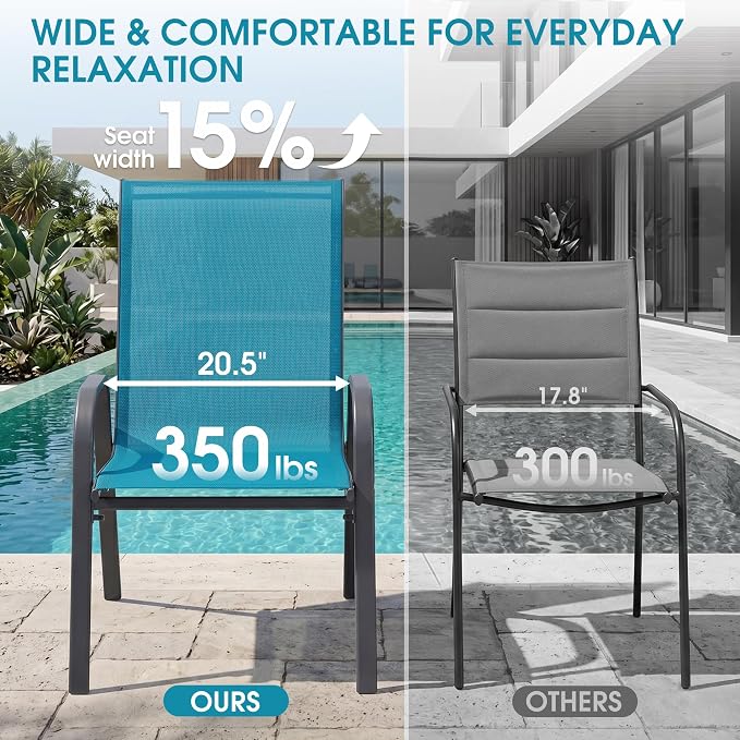 24.4" Wide Outdoor Stackable Chairs Set of 8, Stacking Patio Chairs with Textilene Fabric, Outside Furniture for Garden Backyard Balconie Poolside Deck, Blue