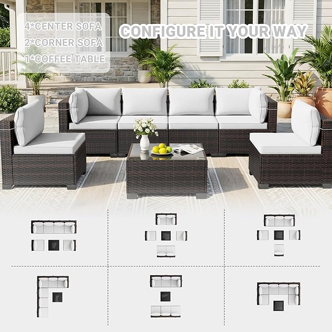 LAFWLL 7 Pieces Outdoor Patio Furniture Sets,Rattan Conversation Sectional Set,Manual Weaving Wicker Patio Sofa with Tea Table