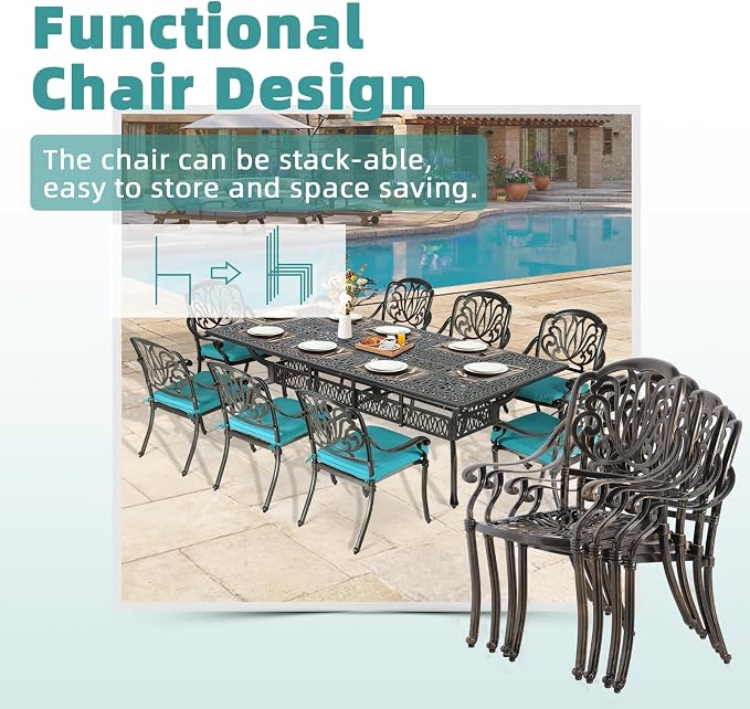 MEETWARM 9-Piece Outdoor Patio Dining Set for 8, All Weather Cast Aluminum Patio Funiture Table and Chairs Set- 94.5” Rectangular Table and 8 Cushioned Chairs for Garden, 2" Umbrella Hole, Ocean Blue