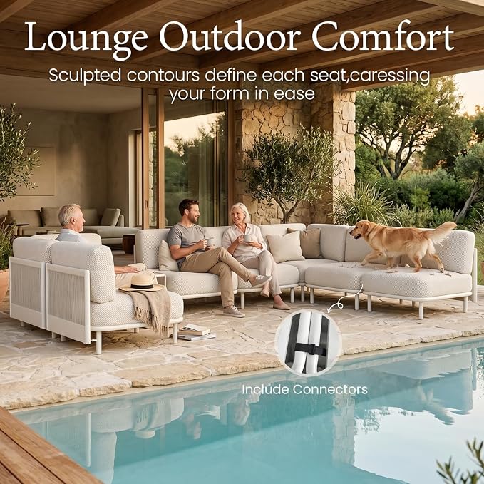 LayinSun 5 Pieces Patio Furniture Set, Modern Outdoor Modular Sectional Conversation Set L-Shaped Sofa with 7-inch Cushion for Garden Backyard Deck