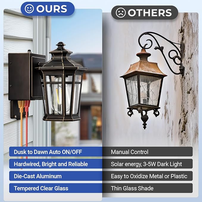Gleamz 2-Pack ORB Dusk to Dawn Outdoor Lighting with GFCI Outlet, Outside Wall Lights with Gold Trim, Aluminum Exterior Lighting Fixtures Wall Mount, Waterproof Modern Exterior Coach Light Fixtures