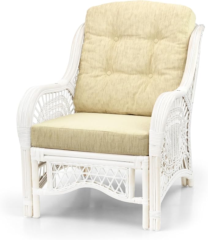 Malibu Lounge Set of 4: 2 Natural Rattan Wicker Chairs, Three-Seater Sofa with Cream Cushions and Coffee Table with Glass Handmade, White Color