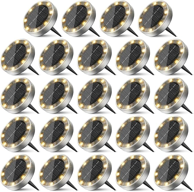 Solar Ground Lights Outdoor, 24 Pack Flat Solar Powered Disc Lights, IP68 Waterproof, Anti-Rust, Landscape Lighting for Pathway Garden Yard Lawn Walkway Landscape Driveway, Warm White