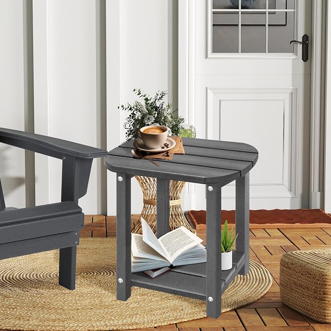 LZRS 2-Tier Patio Side Table, Heavy Duty HDPE Outdoor End Table with Wood Texture, Weatherproof Composite Table for Adirondack Chairs, Deck, Pool, Indoor/Outdoor, No Peeling Cracking(Grey)