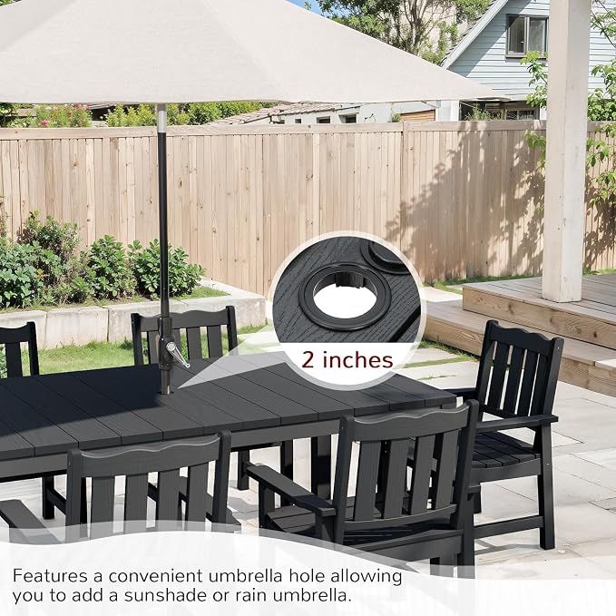 Stoog 7 Pieces Patio Dining Sets, All-Weather HIPS & Aluminum Outdoor Dining Table with Umbrella Hole, Patio Furniture Set Include 1 Table and 6 Chairs, for Backyard, Garden and Deck, Black