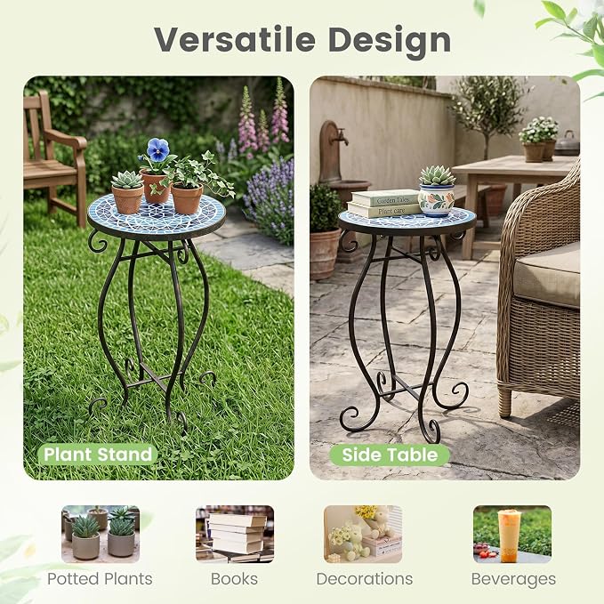 Giantex Outdoor Side Table, Mosaic Patio Table, 12inch Accent Table Plant Stand Indoor, Ceramic Tile Top Metal Frame, Small End Table Porch Beach Patio Garden Balcony Poolside