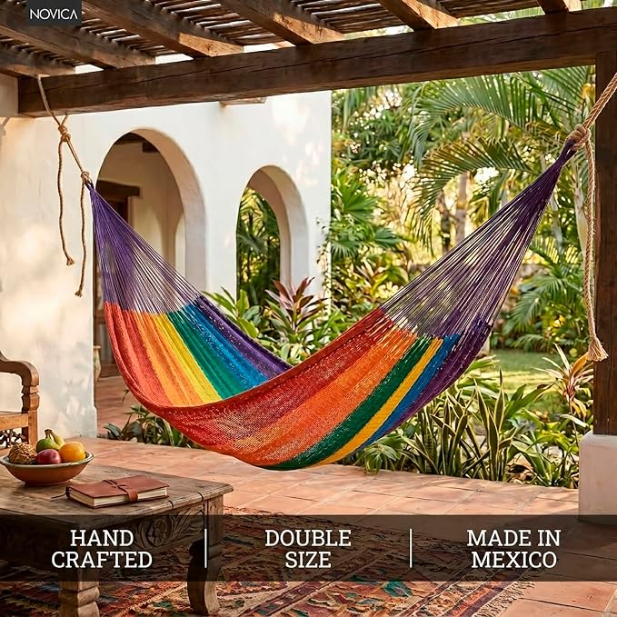 NOVICA Multicolor Rainbow Striped Hand Woven Nylon Mayan 1 Person Rope Hammock, 'Dreaming of Rainbows' (Single)