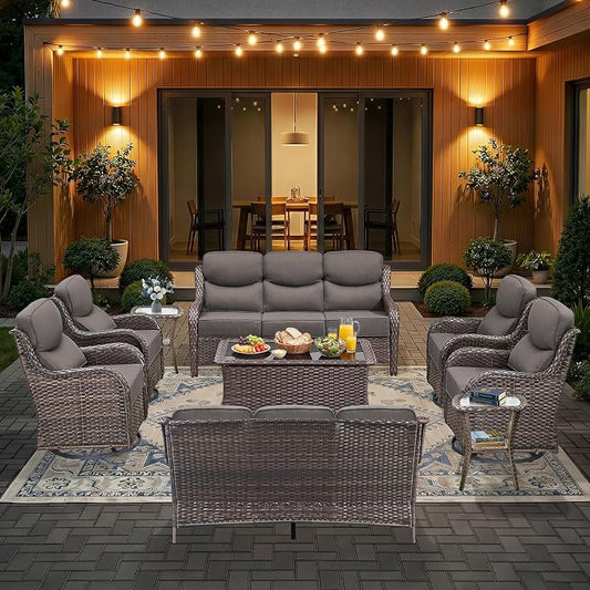 HUMMUH 9 Pieces Wicker Outdoor Furniture Set 6-inch Cushions High Back Patio Sofa Swivel Rocker Chairs Set of 2 with Coffee Table for Porch,Deck,Backyard