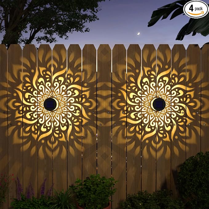 gardencave 4 Pack Solar Fence Lights Metal Solar Powered Outdoor Wall Deck Step Lights Mandala Theme Waterproof Fence Light for Garden Post Patio Backyard Decor (4 Pack)