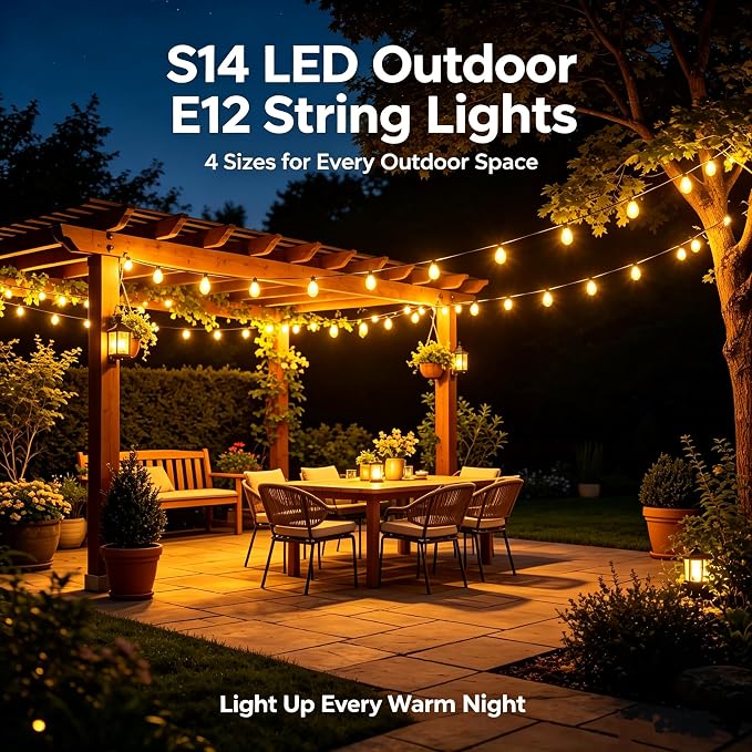 50FT S14 E12 Outdoor String Lights Waterproof Patio 12+1 (1 Spare) bulbs | Outside Hanging Shatterproof S14 E12 LED Light Bulb for Parties Porch Garden Fences Backyard Outdoor Indoor