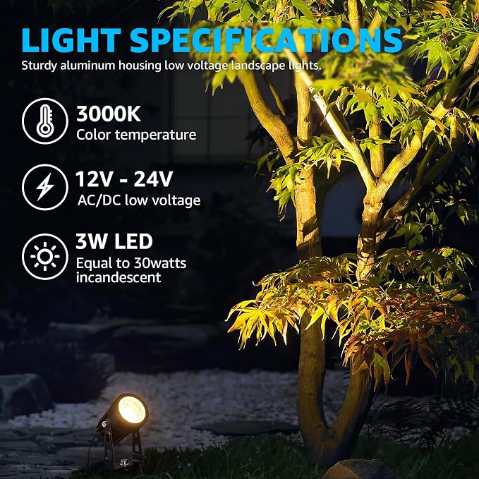 SUNVIE All-in-One LED Low Voltage Landscape Lighting Kit Dusk to Dawn 12PCS | 3000K Landscape Lights with Transformer Connectors 100FT Wire, Waterproof Low Voltage Landscape Lights for Garden Yard House
