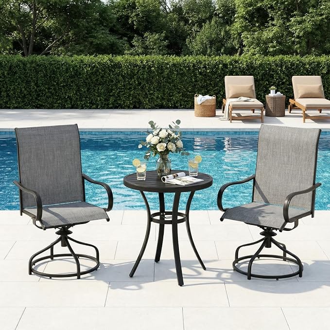 TLSUNNY 3 Piece Patio Dining Set for 2, Outdoor Table and Chairs W/1.57"-1.8" Adjustable Umbrella Hole & Foot Pads, 27.6" Round Metal Table and Patio 360° Swivel Chair, Rocking not Included (Grey)