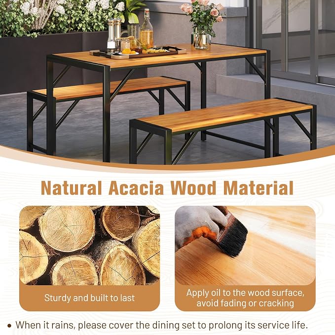 Tangkula 3 Pieces Patio Dining Set for 6 People, Outdoor Picnic Table & 2 Benches, 53” Acacia Wood Dining Table w/Metal Frame, Space-Saving Dinette Set for Garden Porch Poolside Yard Balcony