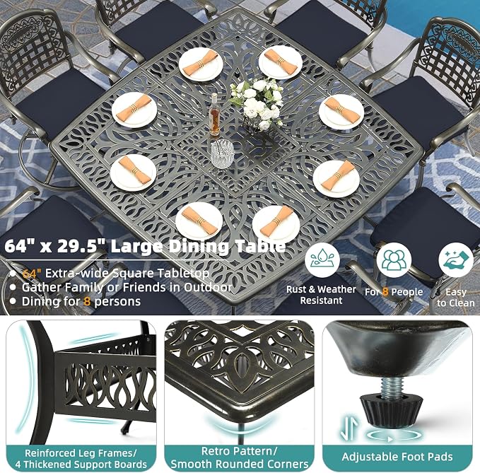 MEETWARM 9-Piece Outdoor Patio Dining Set for 8, All Weather Cast Aluminum Patio Funiture Table and Chairs Set- Large 64" Square Table and 4 Swivel Rocker Chairs, 4 Stationary for Garden, Navy Blue