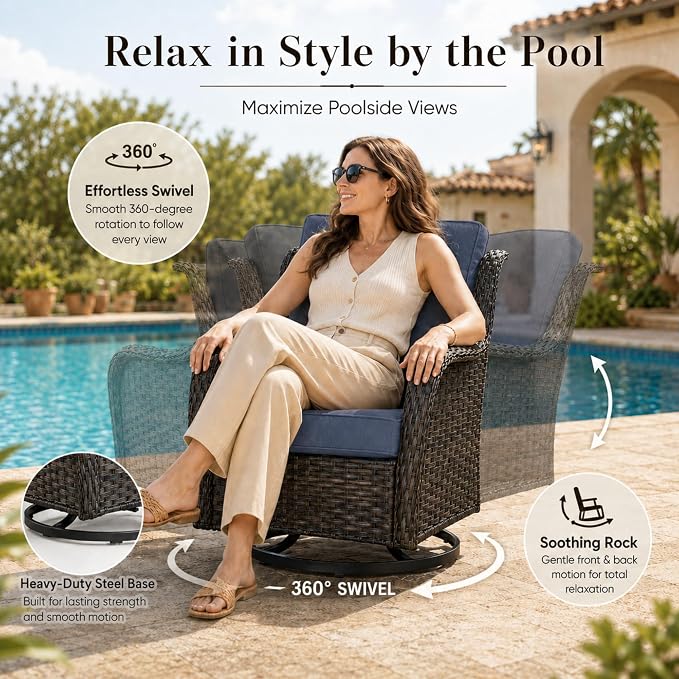 HUMMUH 2-Piece Patio Swivel Rocker Chairs Set, Wicker Outdoor Seating | 50,000 BTU fire pit, powder-coated steel frame, PE wicker, 360-degree swivel, 4-inch thick sponge cushions