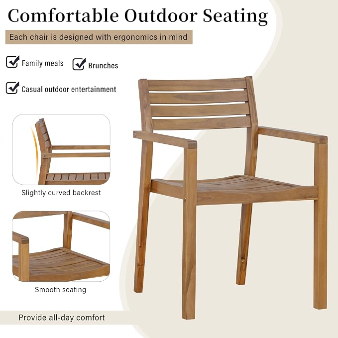 5 Piece Outdoor Dining Set for 4, 59.06" Rectangular Table with Umbrella Hole and 4 Comfortable Chairs, Acacia Wood Dining Set for Patio, Lawn, Garden, Poolside & Indoor Use, Natural