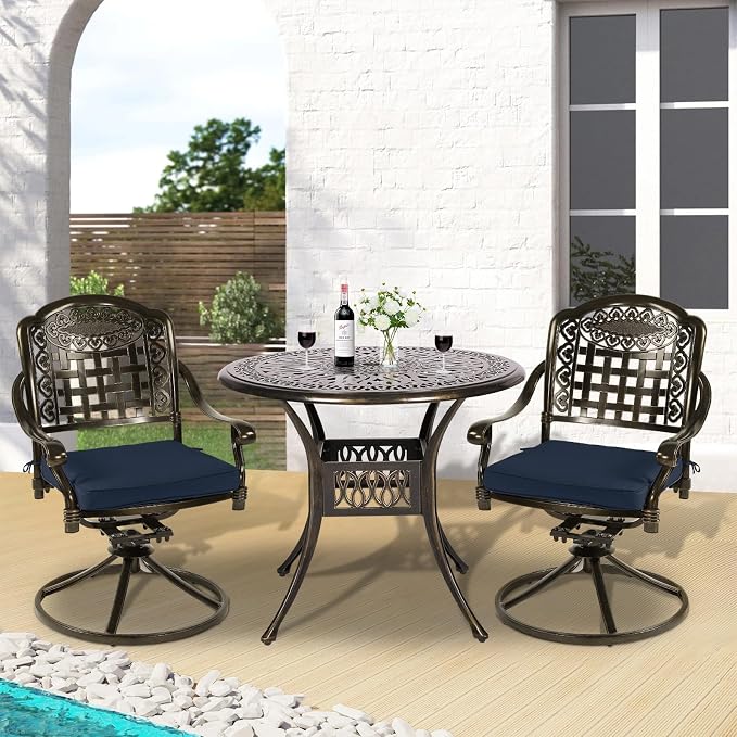 3-Piece Outdoor Patio Dining Set, All-Weather Cast Aluminum Patio Furniture Set for Backyard Garden Deck with 2 Swivel Cushioned Chairs and 35.4” Round Table, 2" Umbrella Hole, Navy Blue