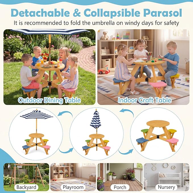 HONEY JOY Kids Picnic Table, 4-Person Fir Wood Toddler Round Outdoor Table & Chair Set, Adjustable Umbrella, Wooden Children Outdoor Furniture for Patio Backyard Lawn Garden, Natural