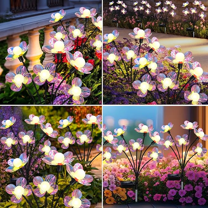 Solar Garden Lights Flowers 4 Pack of 24 LEDs Swaying Firefly Garden Decor | Swaying Flowers Solar Lights Outdoor for Yard Pathway Patio, Swaying Lawn Decor as Gardening Gifts for Women Christmas decor