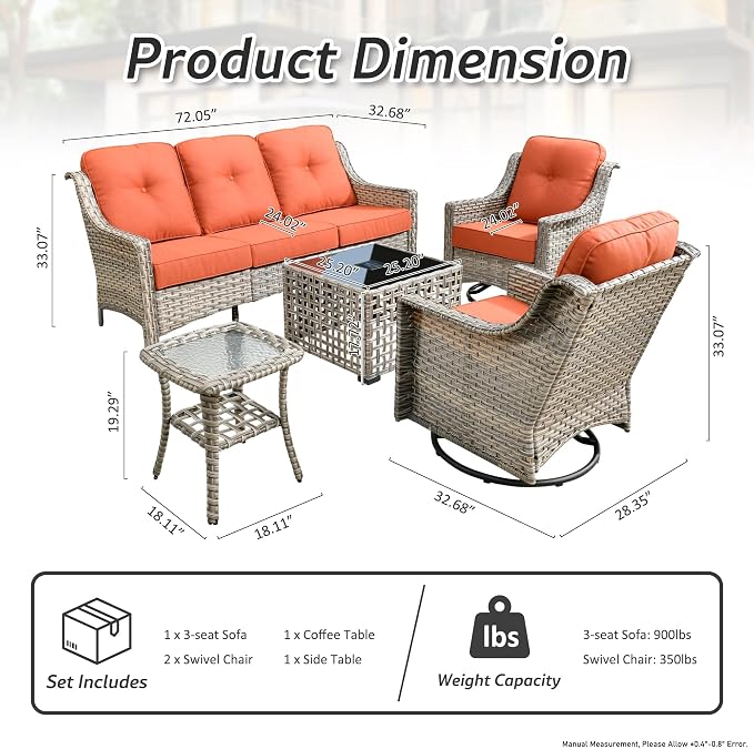 5 Pieces Patio Conversation Set,Wicker Swivel Rocking Chair and Coffee Table,All Weather Rattan Patio Furniture Set for Garden,Backyard,Poolside and Patio,Bold Orange